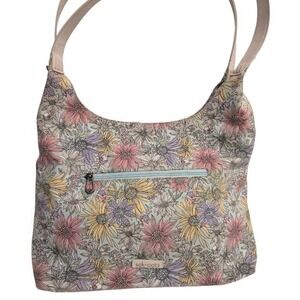 SAK Roots Floral Daisies Pink Purple Yellow Leather Trim Stitching Tote XL